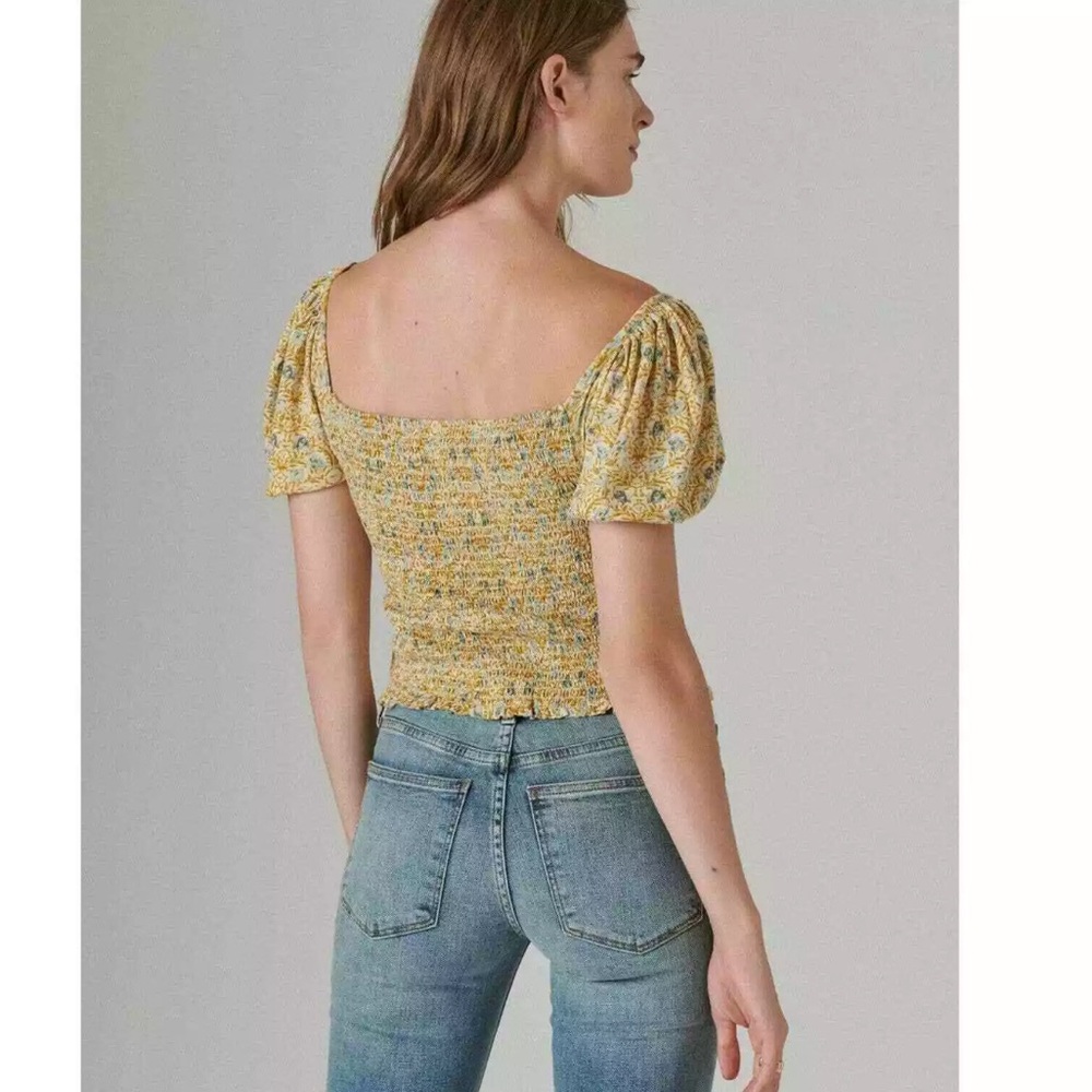 Lucky Brand 100% Cotton Floral Smocked Square Neck Top Women’s Size Large - Picture 2 of 9